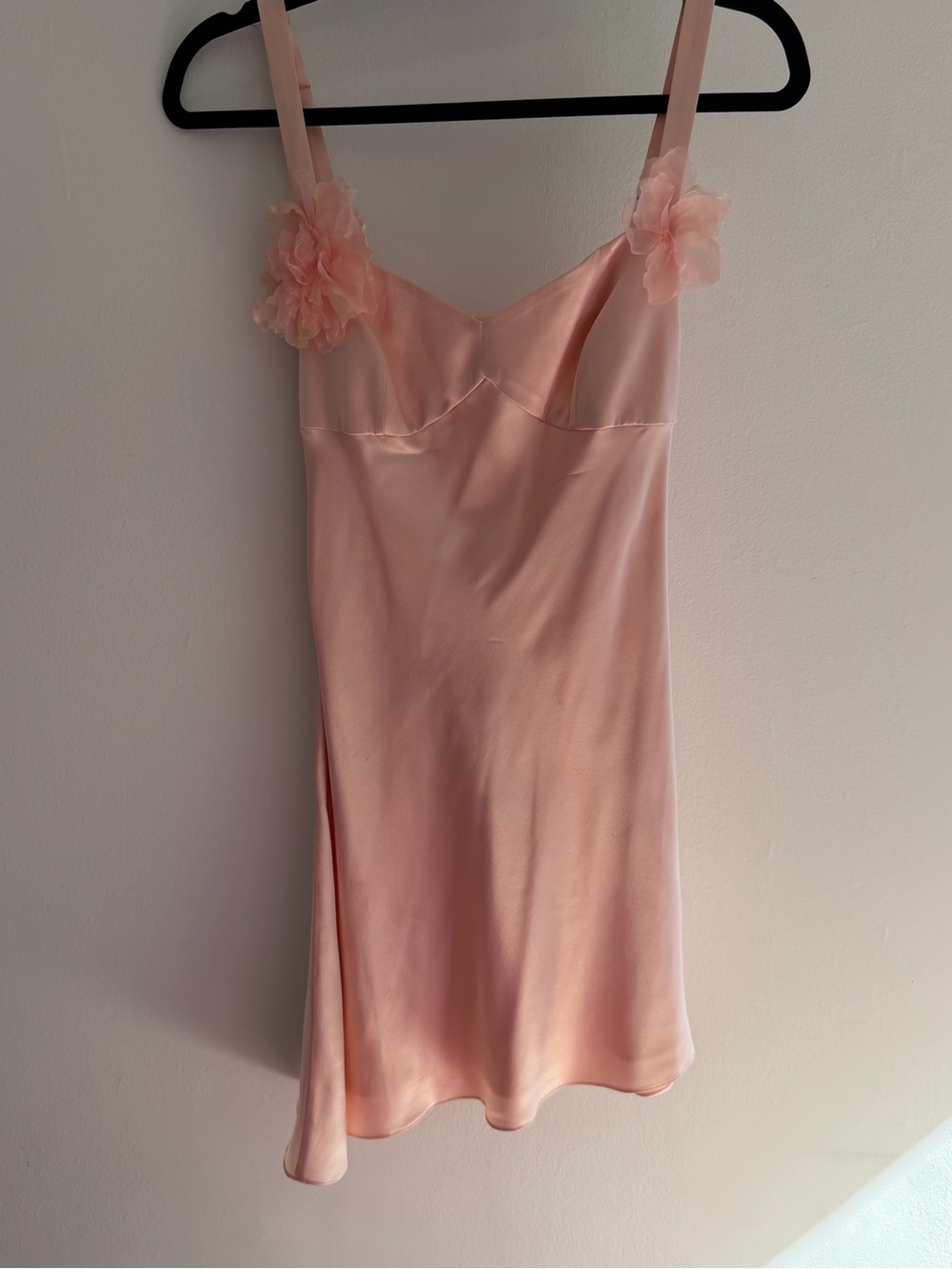 Delicate Blush Satin Chemise with Floral Straps